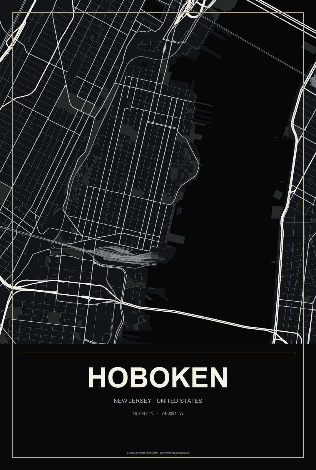 Hoboken, New Jersey City Map Aluminum Sign in Metropolitan Noir style