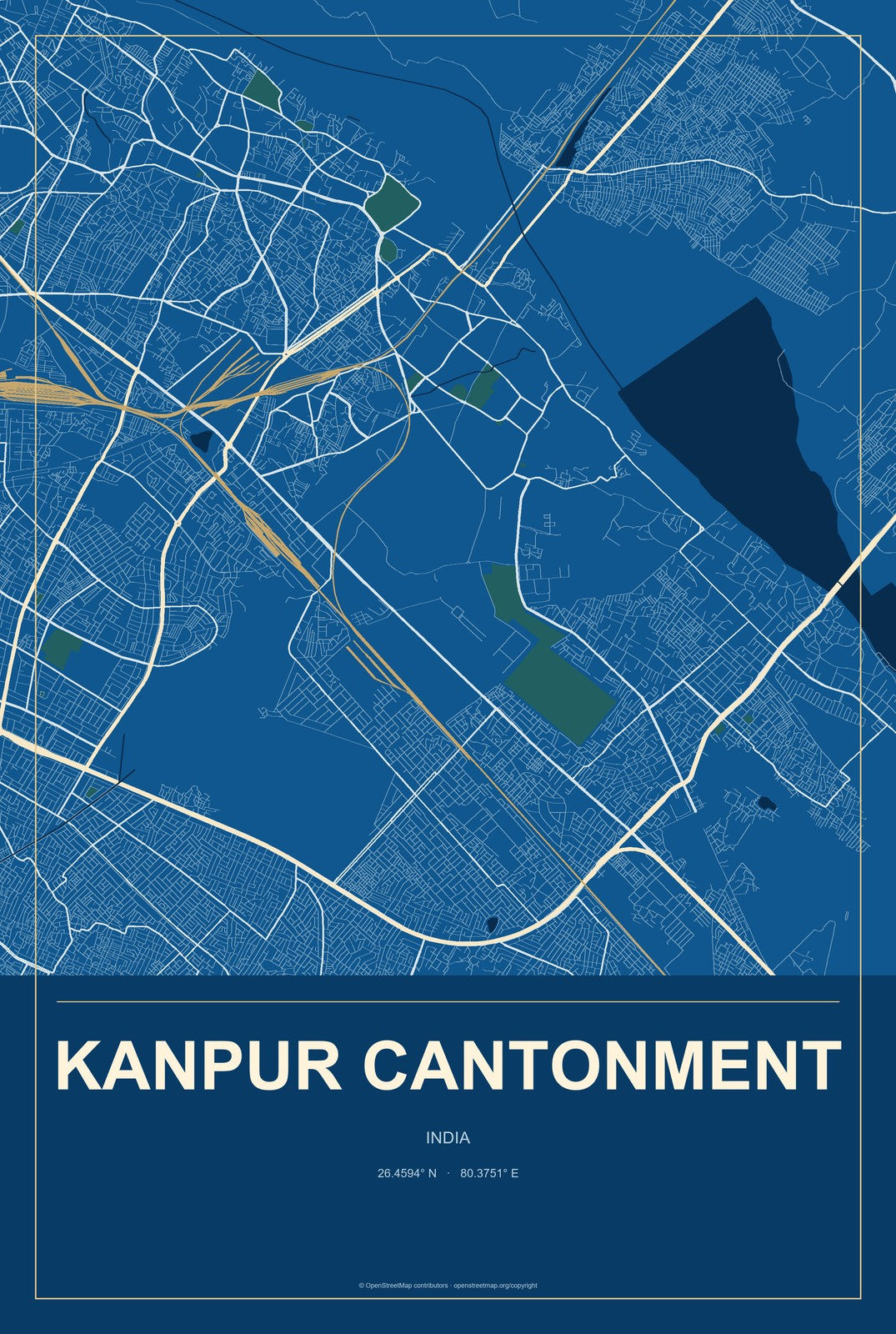 Kanpur Cantonment, India City Map Aluminum Sign in Harbor Cobalt style