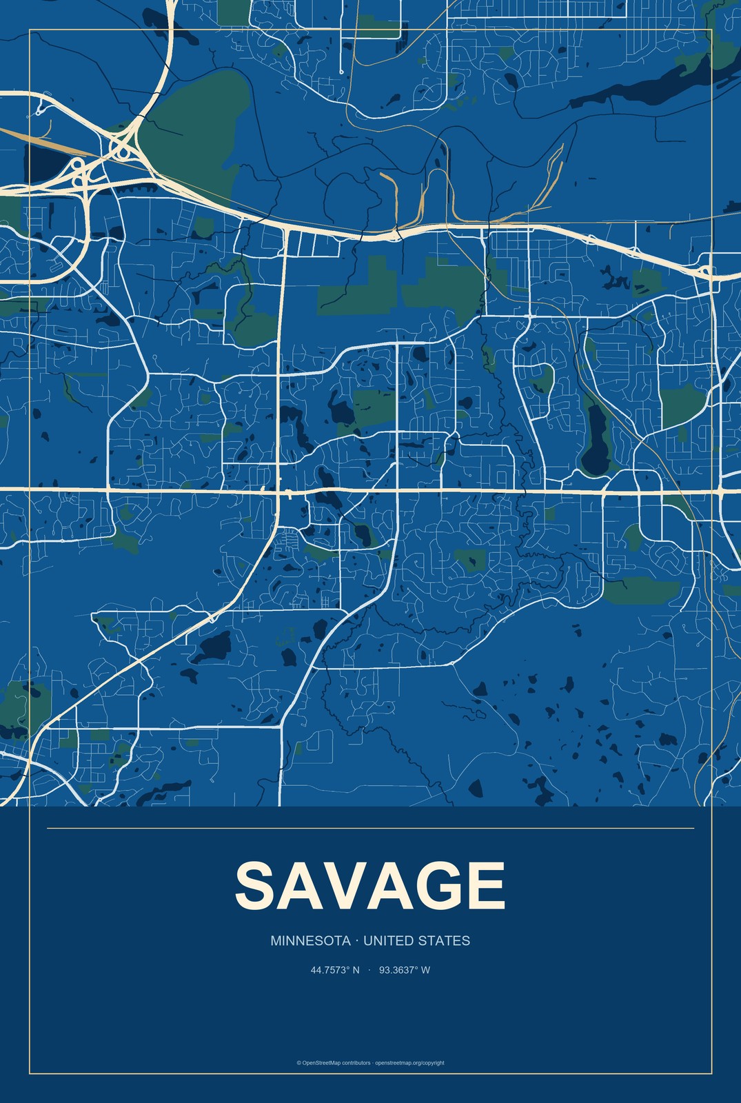 Savage, Minnesota City Map Aluminum Sign in Harbor Cobalt style