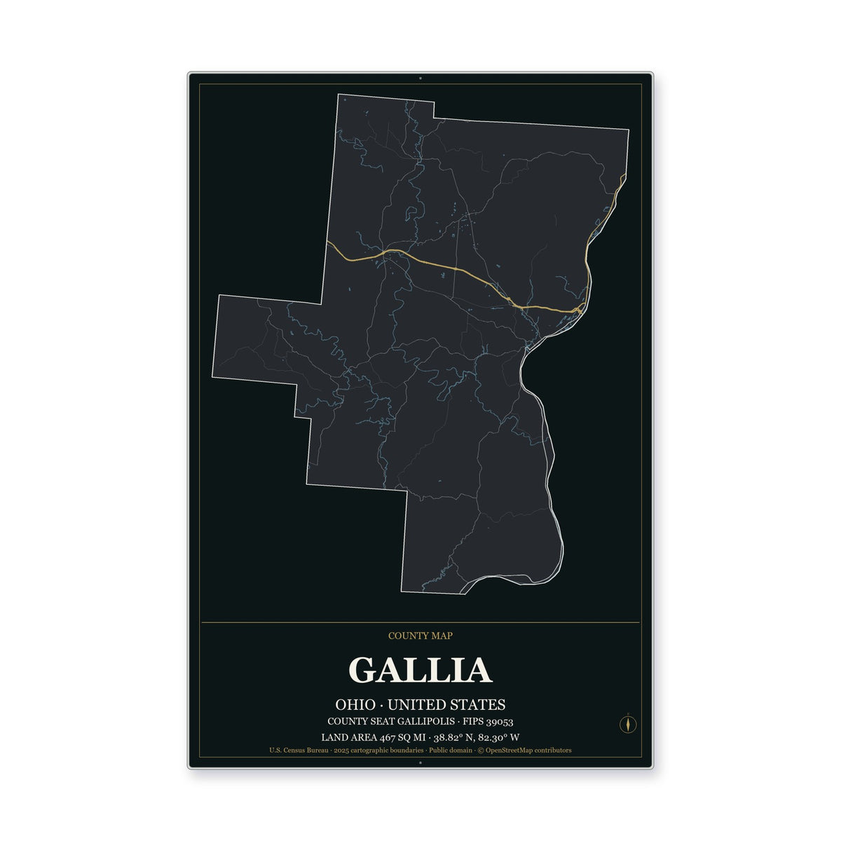 Gallia County, Ohio Map Aluminum Sign in Metropolitan Noir style