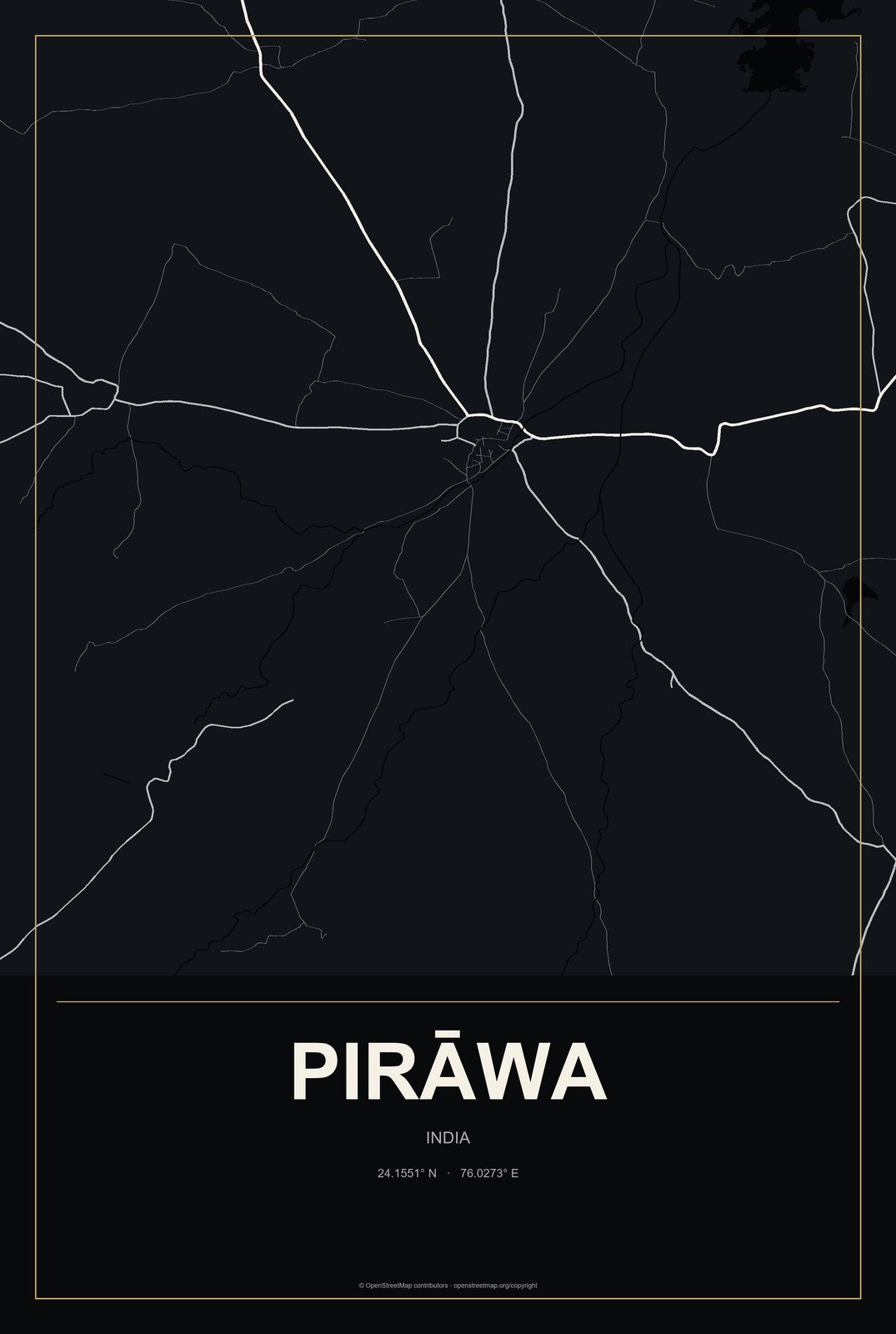 Pirāwa, India City Map Aluminum Sign in Metropolitan Noir style