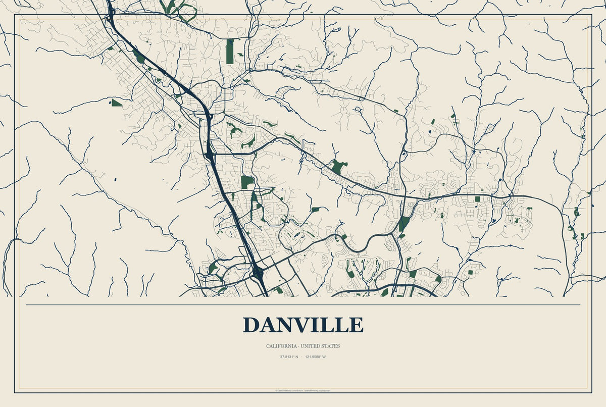 Danville, California City Map Aluminum Sign in Coastal Cutout style