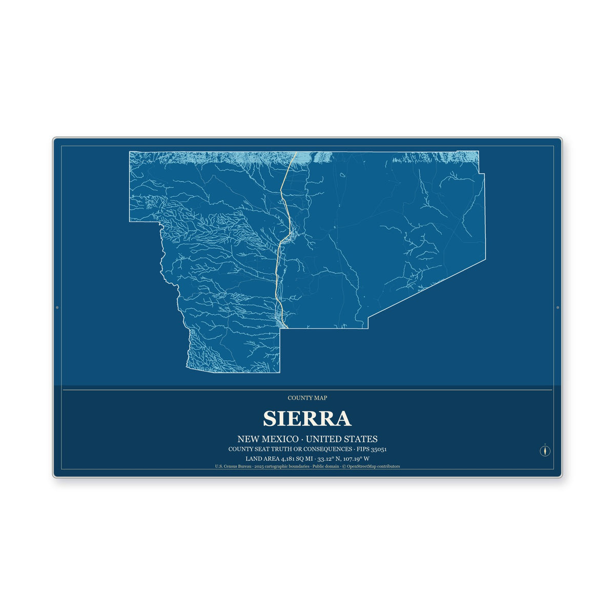 Sierra County, New Mexico Map Aluminum Sign in Harbor Cobalt style