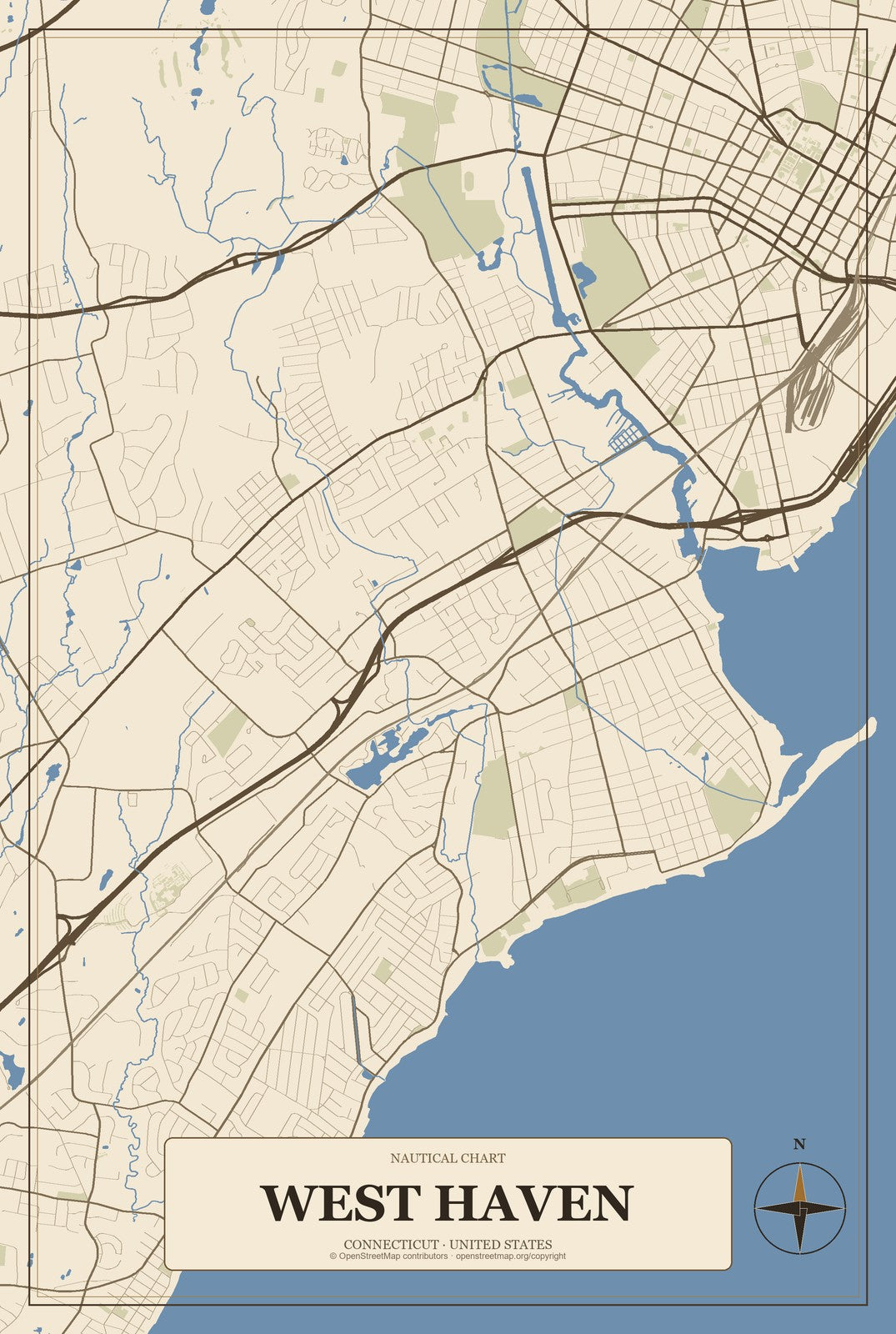 West Haven, Connecticut City Map Aluminum Sign in Heritage Nautical style