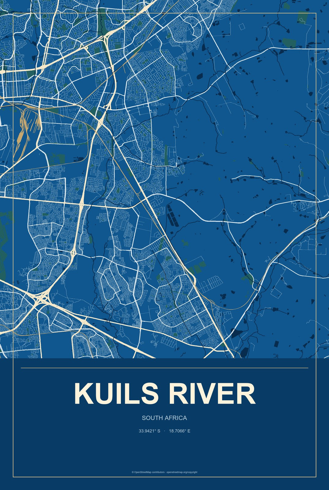 Kuils River, South Africa City Map Aluminum Sign in Harbor Cobalt style