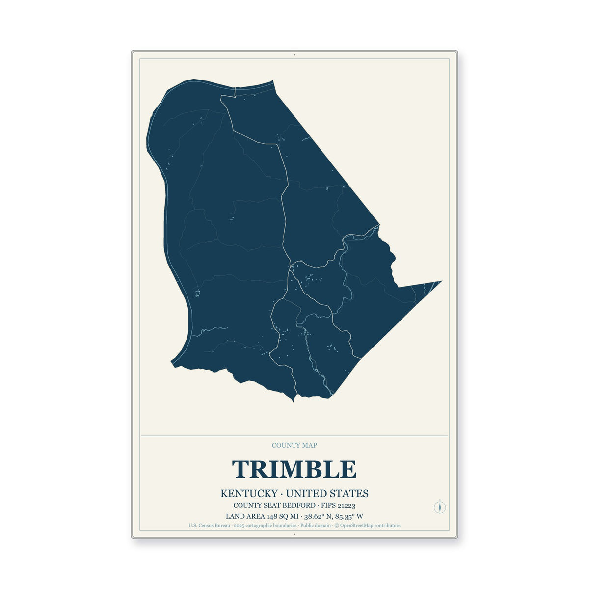Trimble County, Kentucky Map Aluminum Sign in Coastal Cutout style