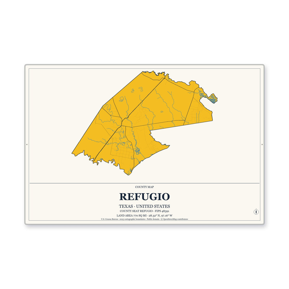 Refugio County, Texas Map Aluminum Sign in Citrine Modern style