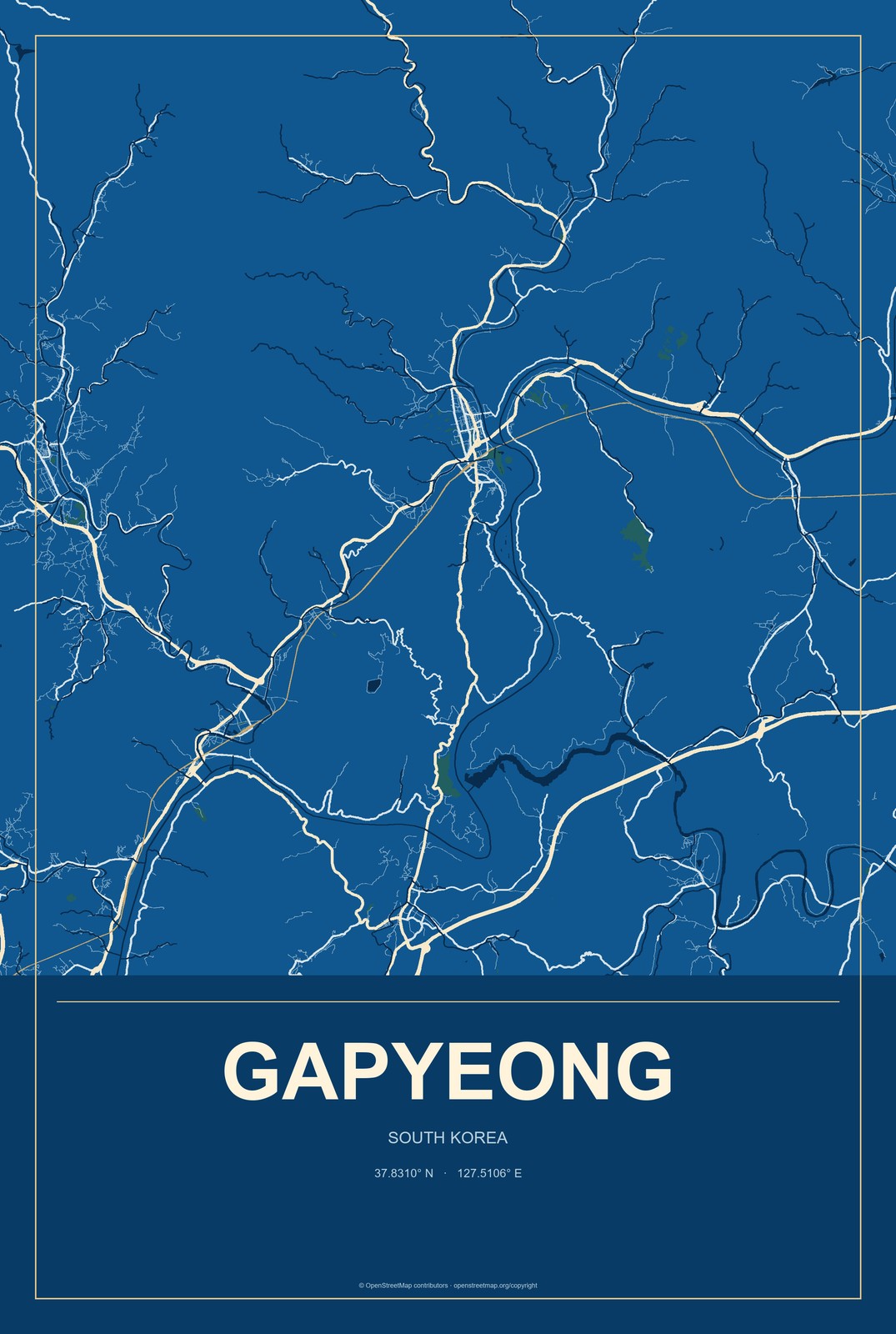 Gapyeong, South Korea City Map Aluminum Sign in Harbor Cobalt style