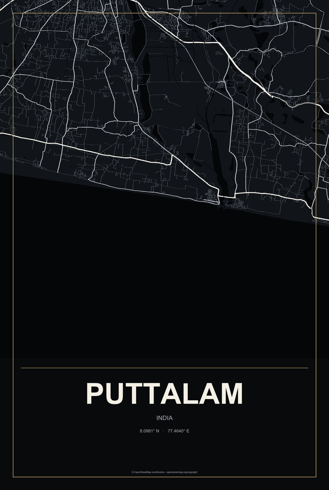 Puttalam, India City Map Aluminum Sign in Metropolitan Noir style