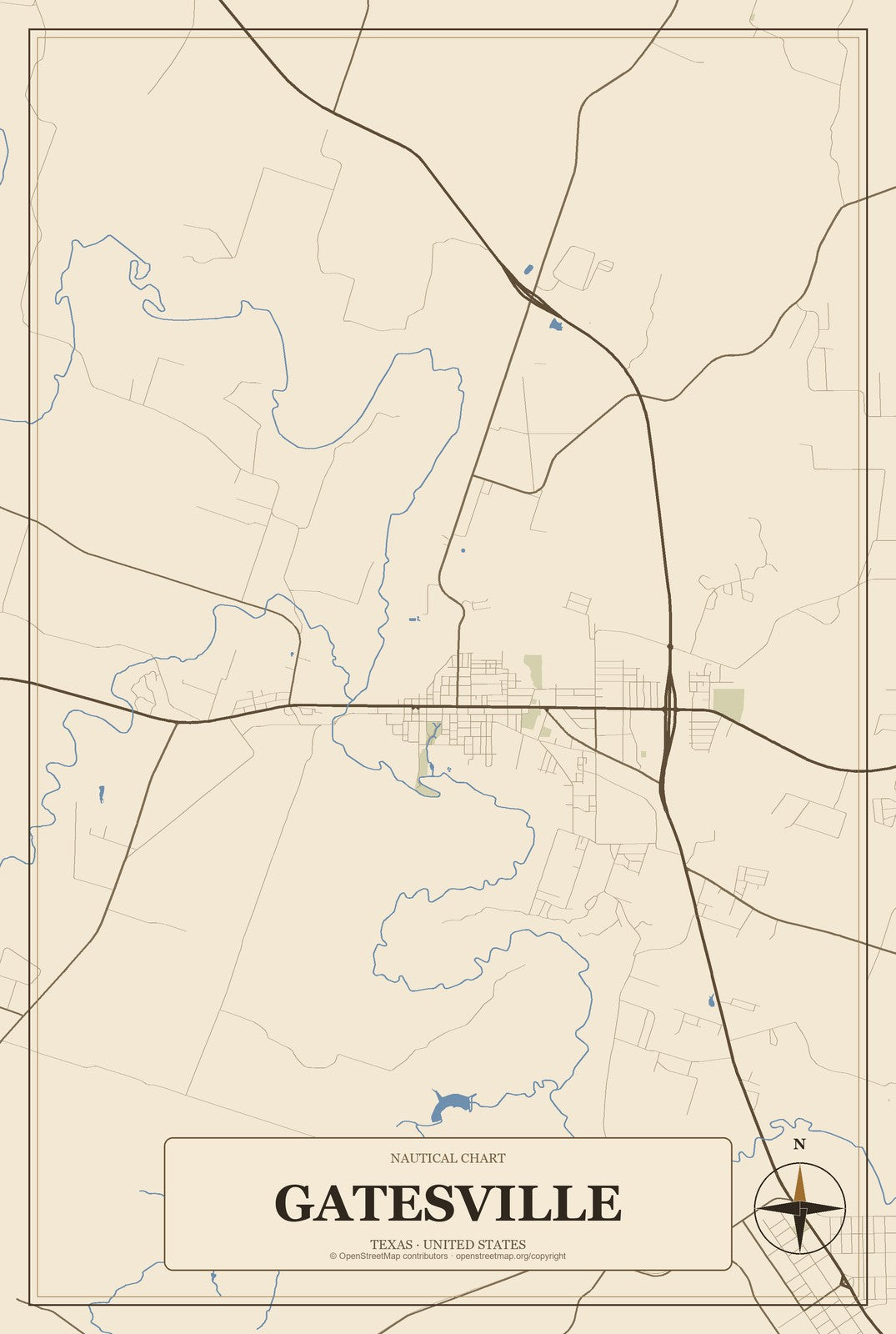 Gatesville, Texas City Map Aluminum Sign in Heritage Nautical style