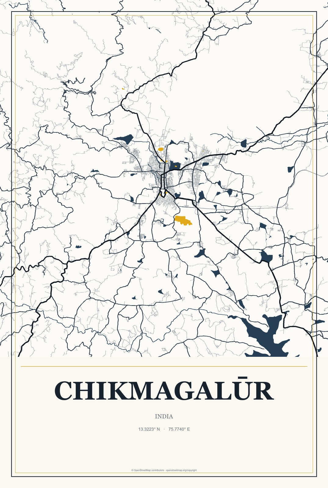 Chikmagalūr, India City Map Aluminum Sign in Citrine Modern style