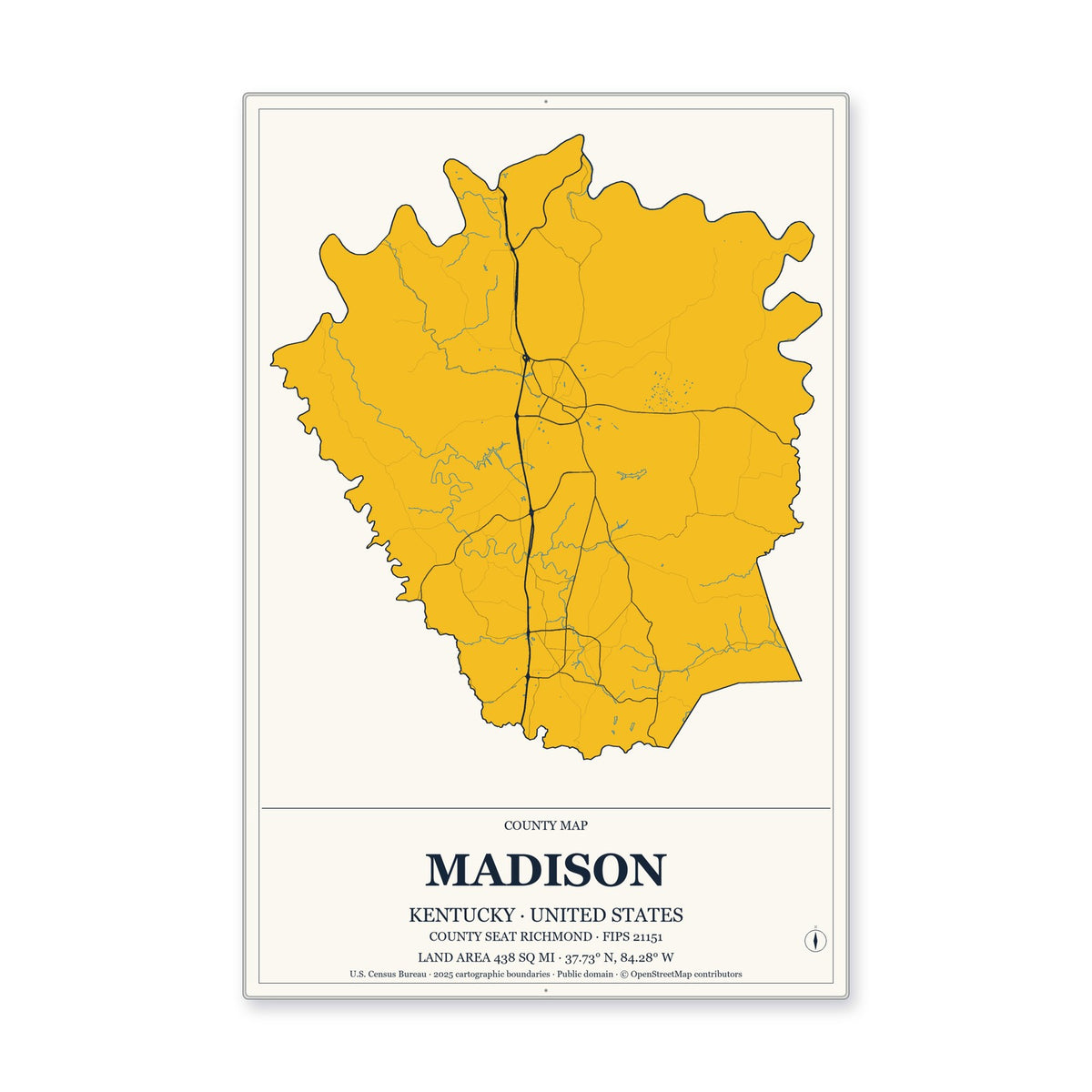 Madison County, Kentucky Map Aluminum Sign in Citrine Modern style