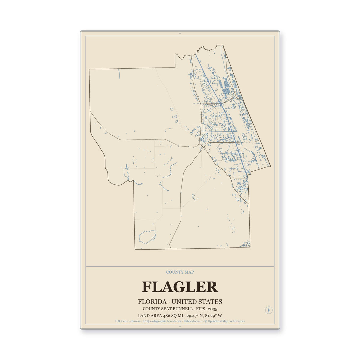 Flagler County, Florida Map Aluminum Sign in Heritage Nautical style