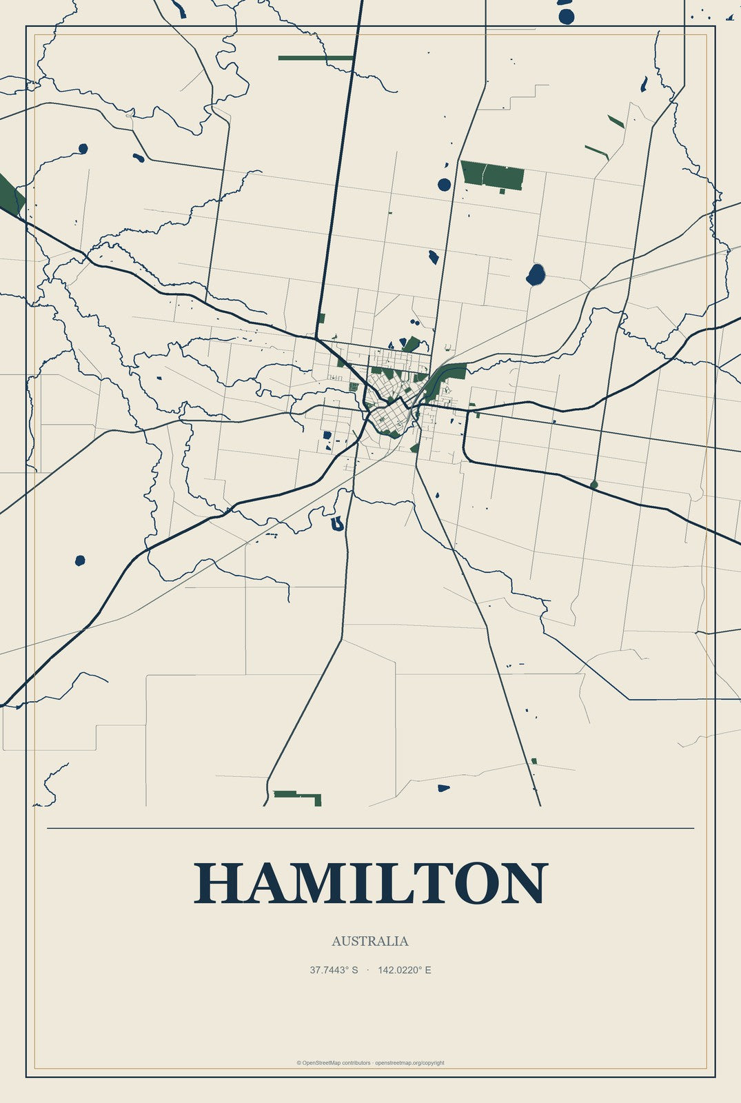 Hamilton, Australia City Map Aluminum Sign in Coastal Cutout style
