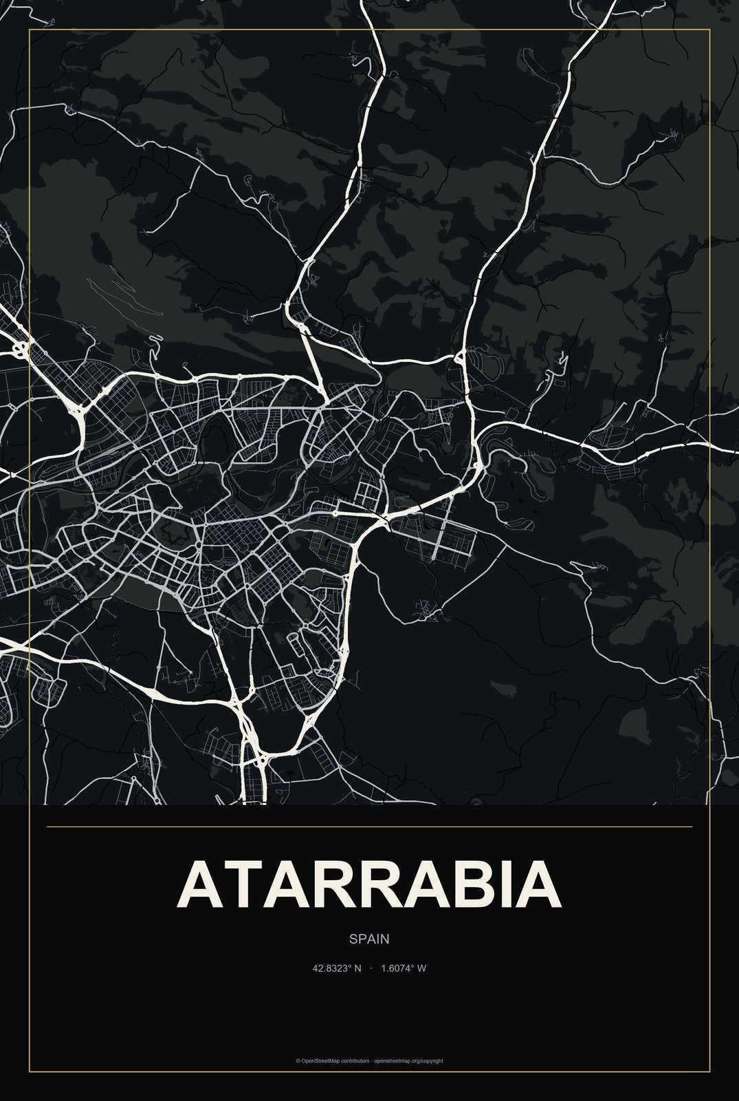 Atarrabia, Spain City Map Aluminum Sign in Metropolitan Noir style