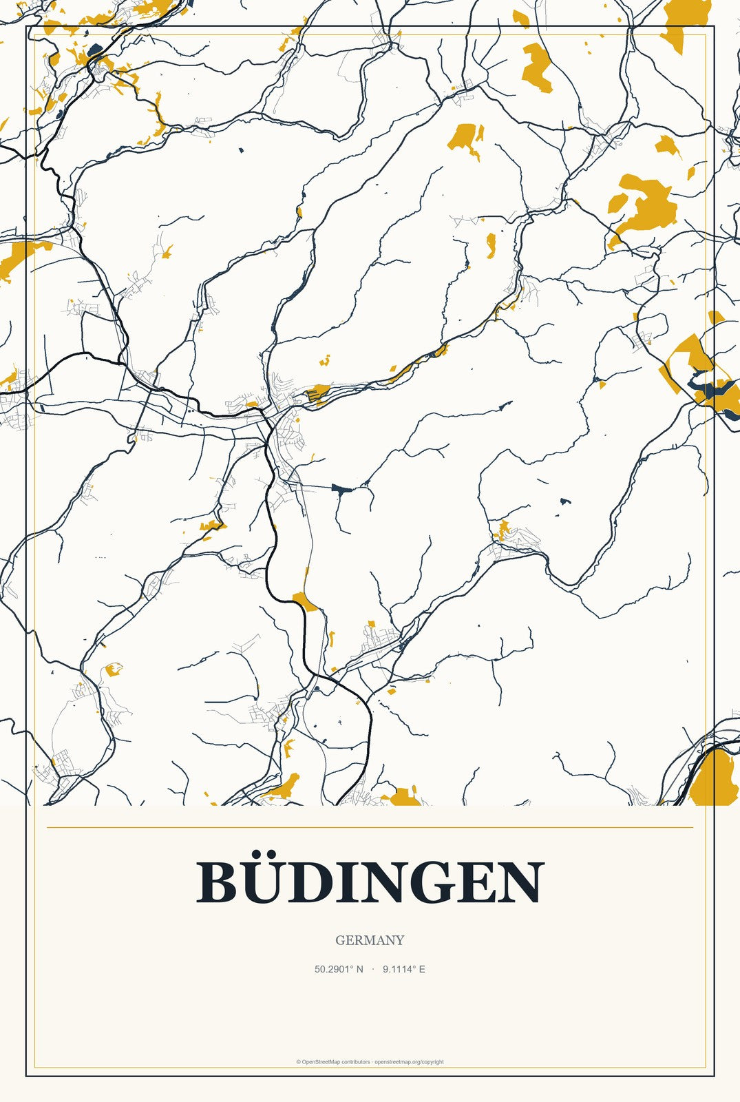 Büdingen, Germany City Map Aluminum Sign in Citrine Modern style