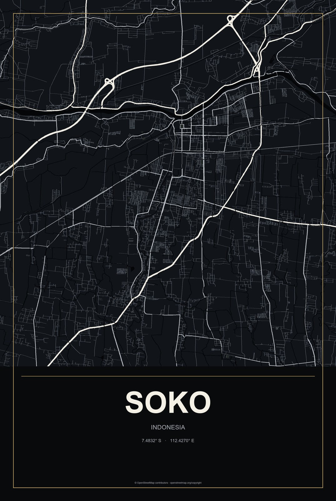 Soko, Indonesia City Map Aluminum Sign in Metropolitan Noir style