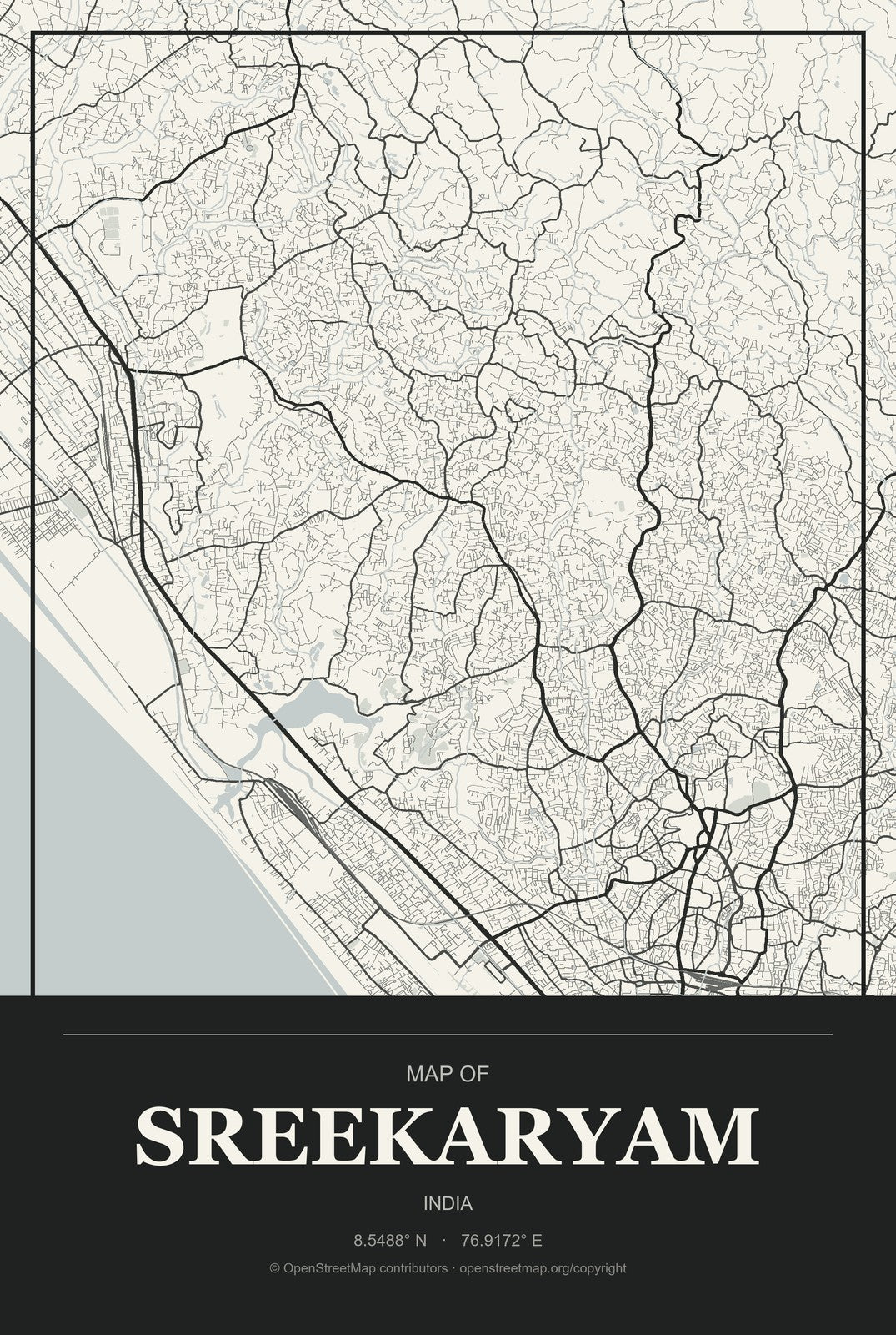 Sreekaryam, India City Map Aluminum Sign in Museum Plaque style
