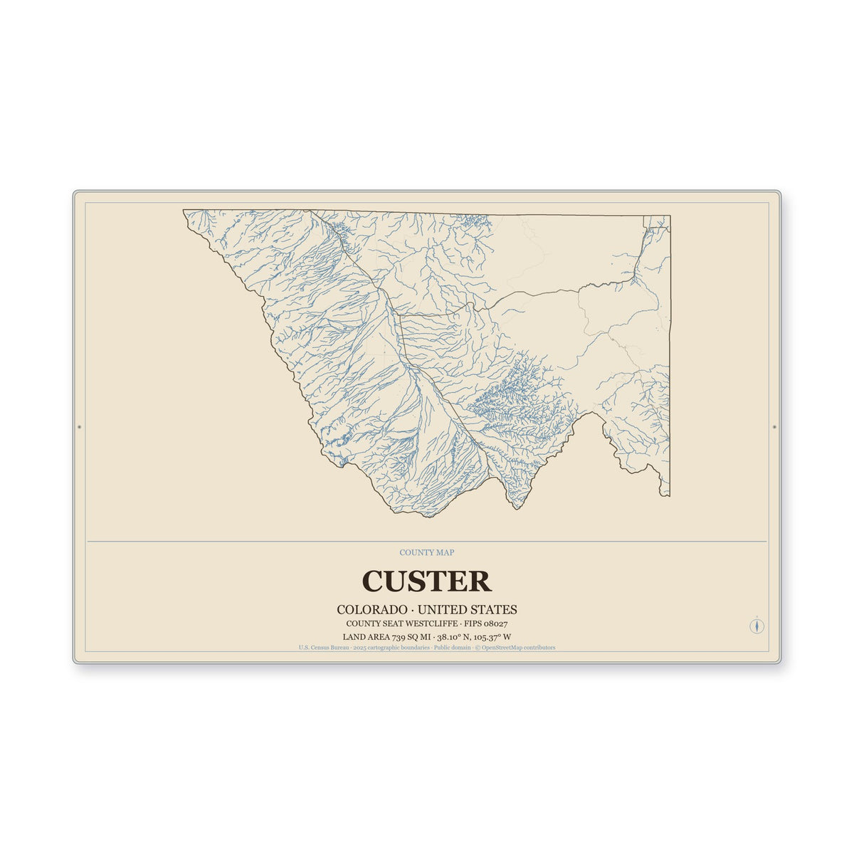 Custer County, Colorado Map Aluminum Sign in Heritage Nautical style