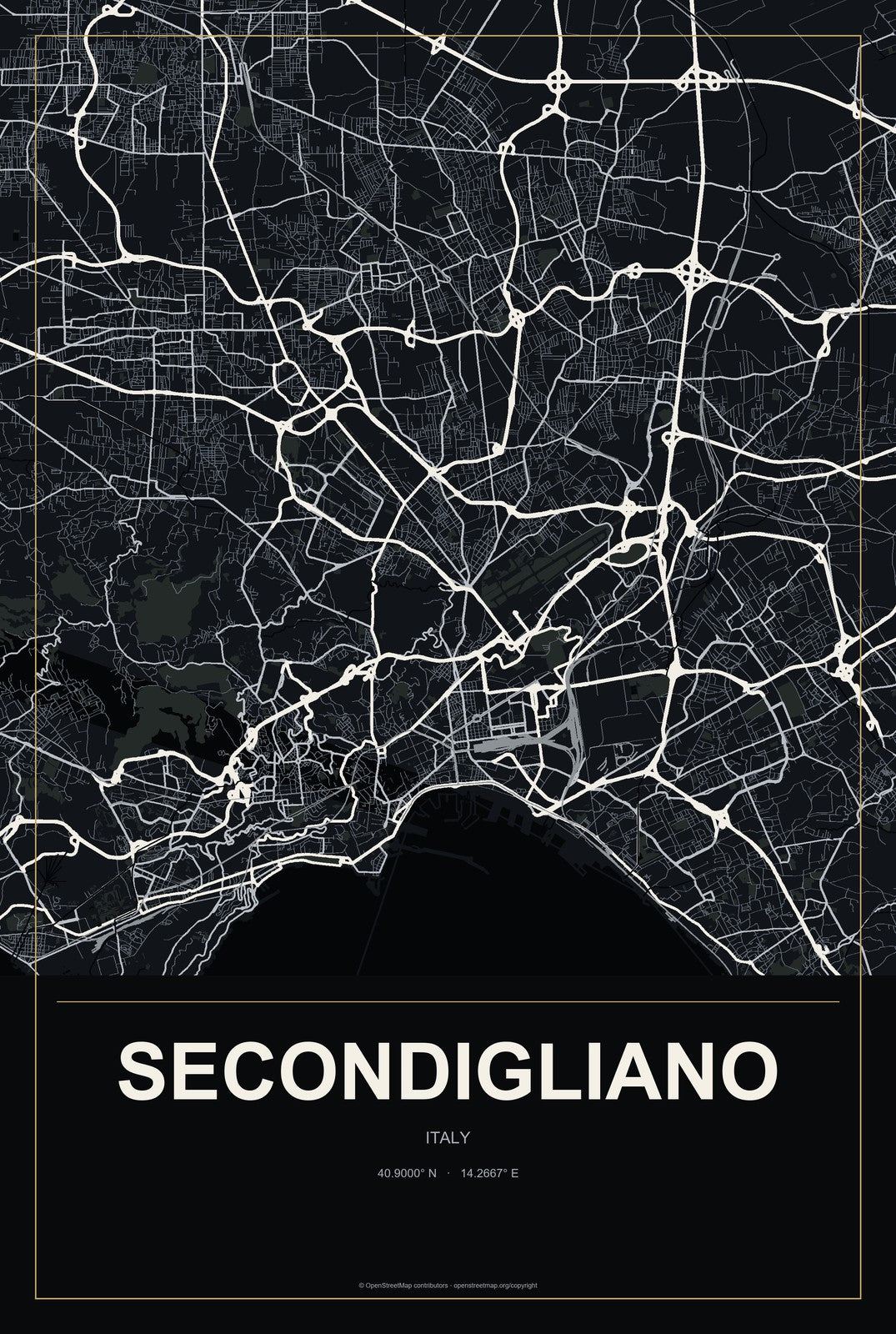 Secondigliano, Italy City Map Aluminum Sign in Metropolitan Noir style