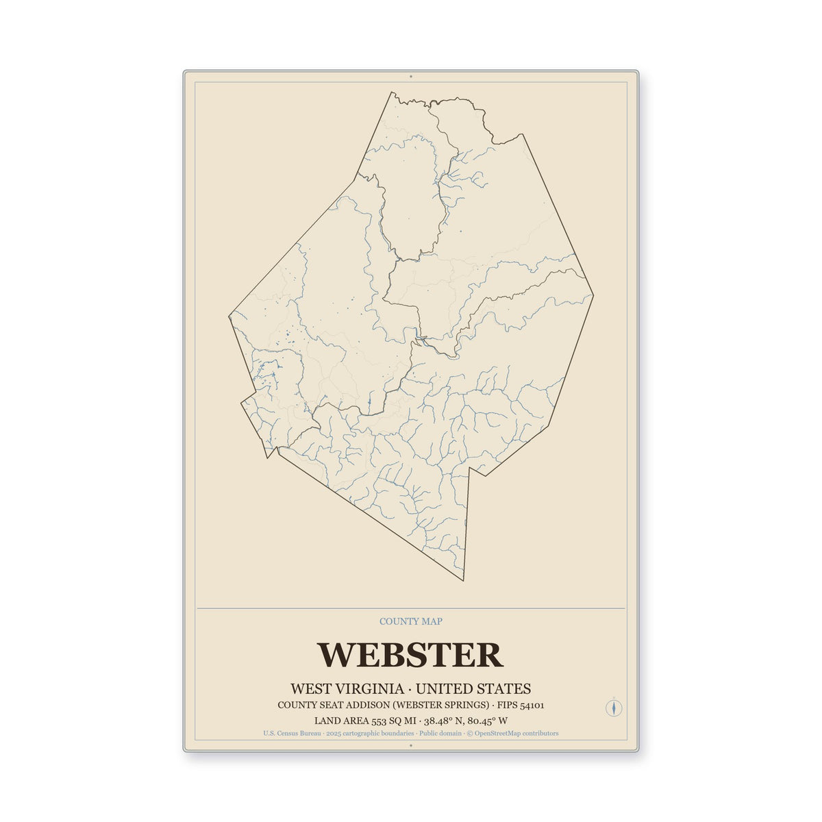 Webster County, West Virginia Map Aluminum Sign in Heritage Nautical style