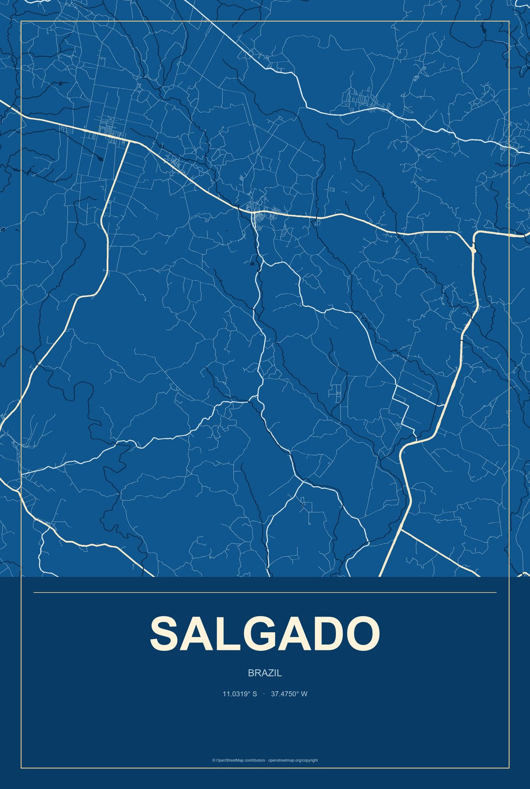 Salgado, Brazil City Map Aluminum Sign in Harbor Cobalt style