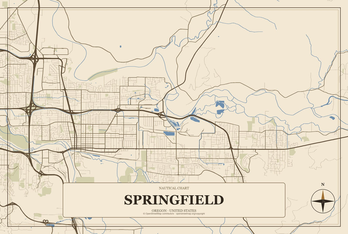 Springfield, Oregon City Map Aluminum Sign in Heritage Nautical style