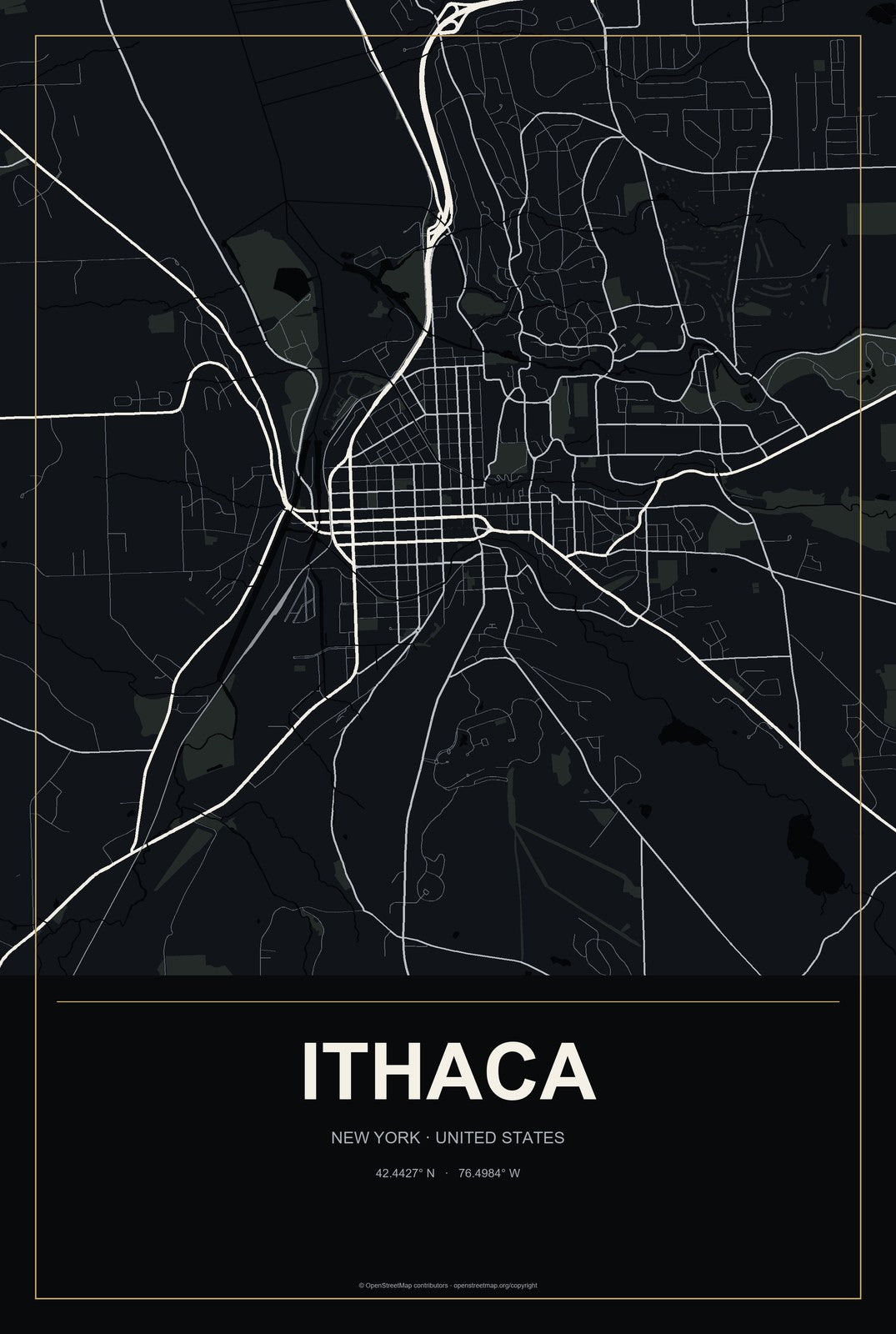 Ithaca, New York City Map Aluminum Sign in Metropolitan Noir style