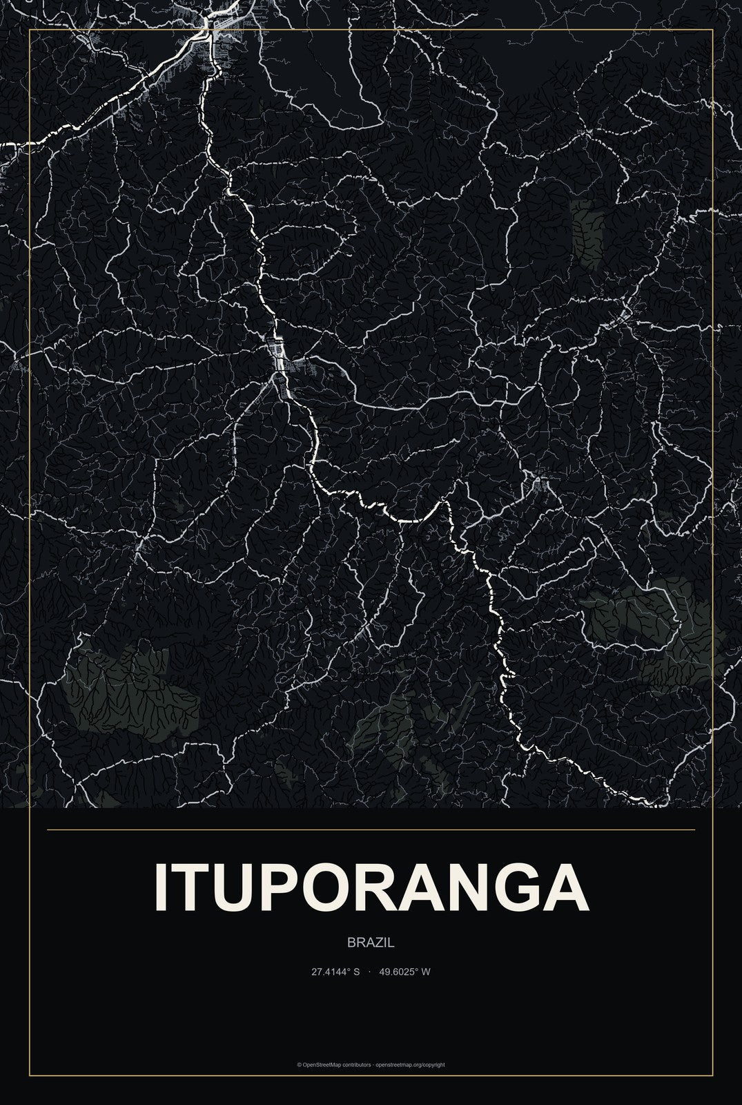 Ituporanga, Brazil City Map Aluminum Sign in Metropolitan Noir style