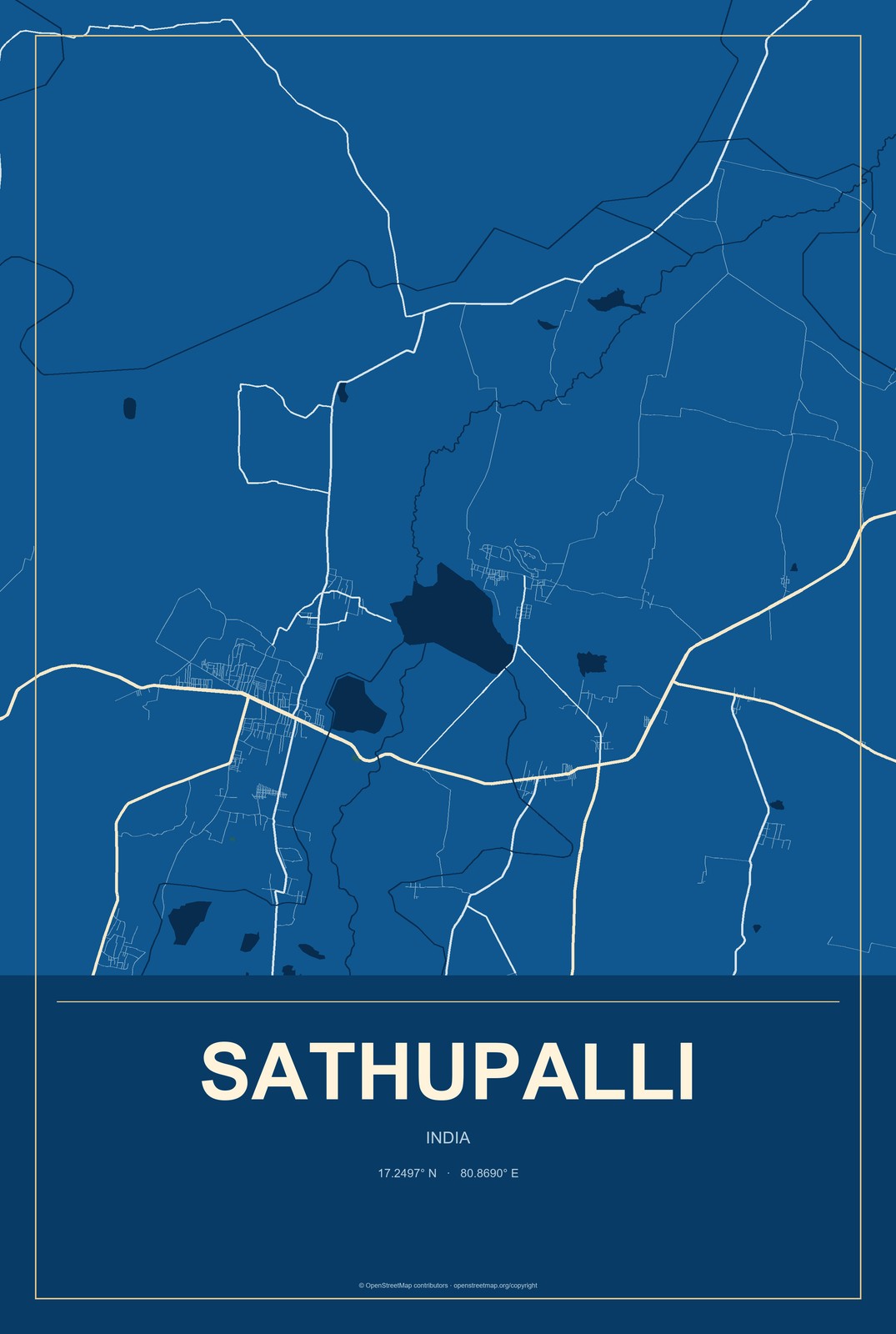 Sathupalli, India City Map Aluminum Sign in Harbor Cobalt style