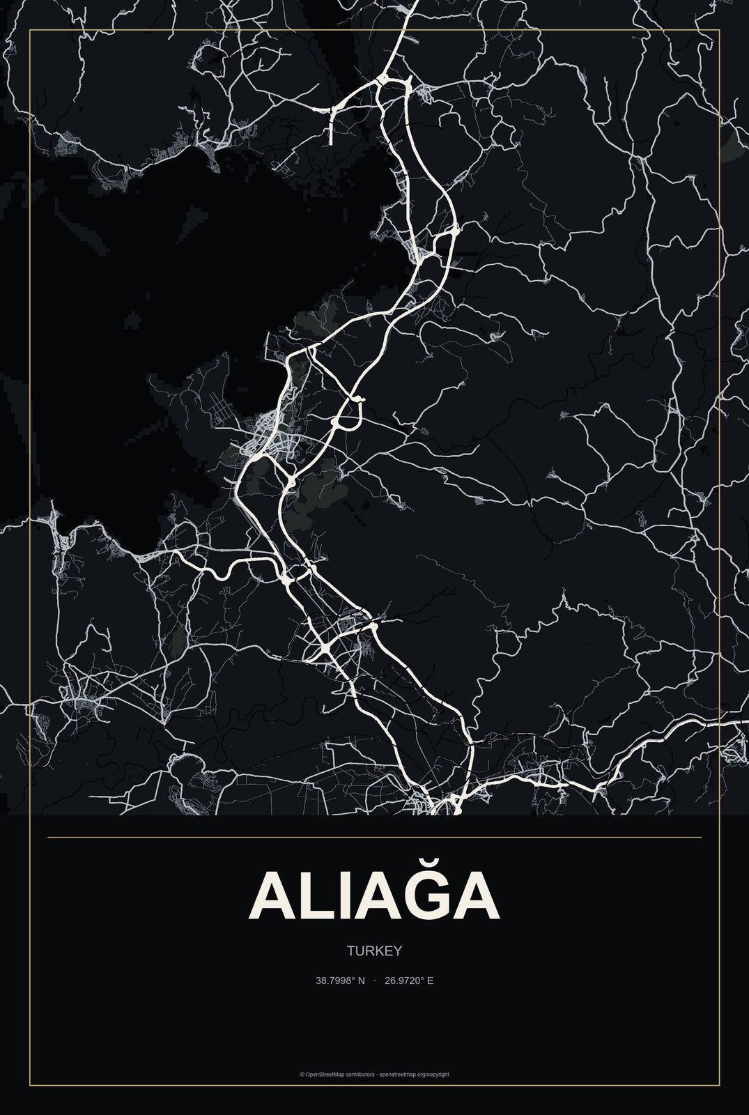 Aliağa, Turkey City Map Aluminum Sign in Metropolitan Noir style