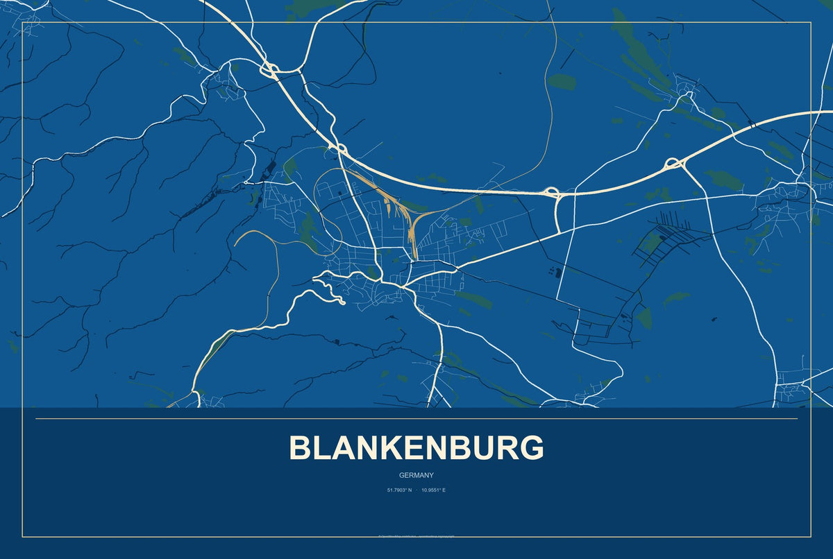 Blankenburg, Germany City Map Aluminum Sign in Harbor Cobalt style
