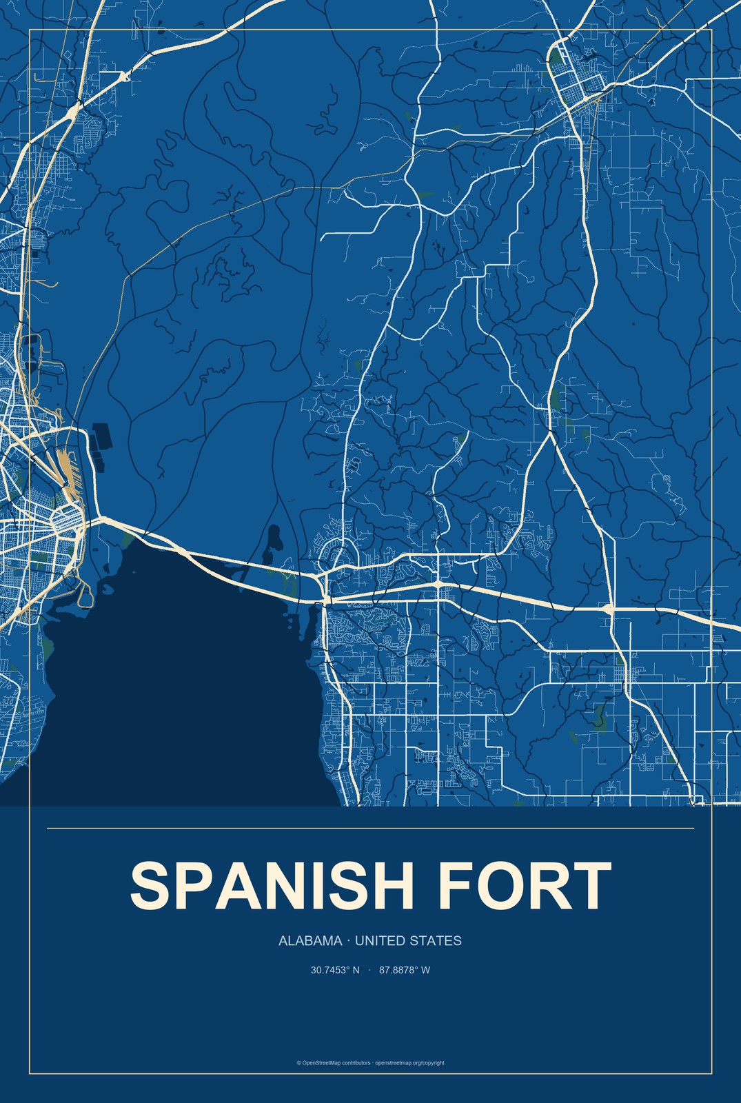 Spanish Fort, Alabama City Map Aluminum Sign in Harbor Cobalt style