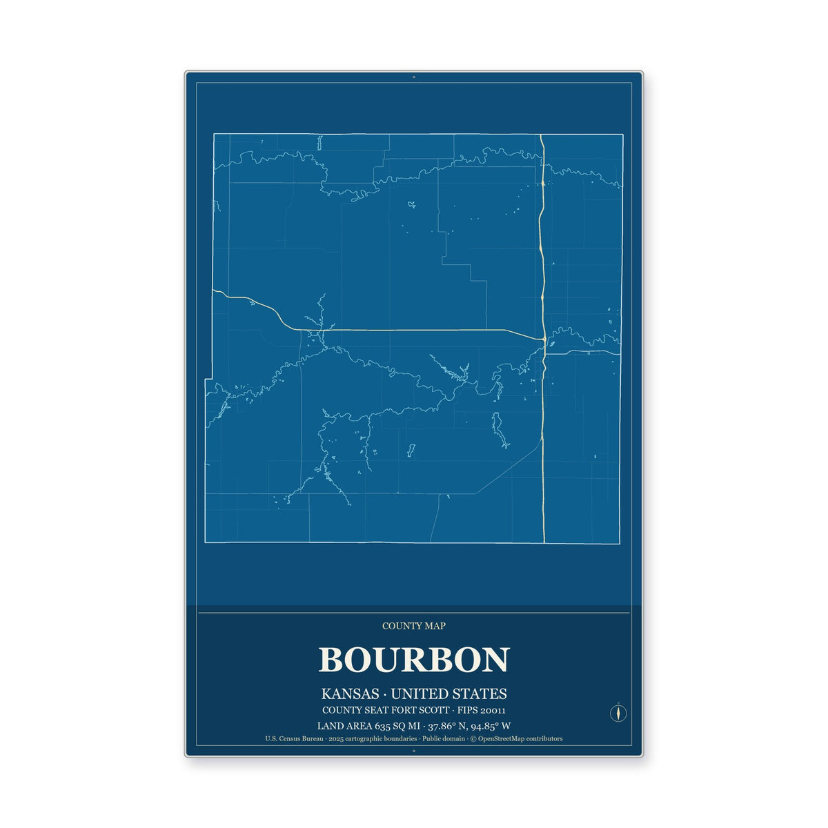Bourbon County, Kansas Map Aluminum Sign in Harbor Cobalt style