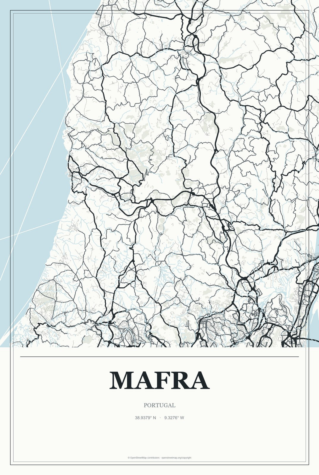 Mafra, Portugal City Map Aluminum Sign in Gallery Air style