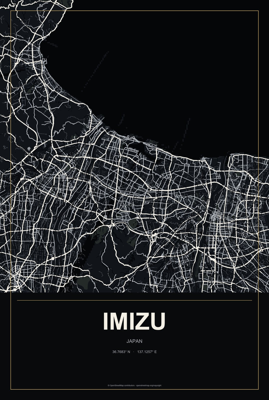 Imizu, Japan City Map Aluminum Sign in Metropolitan Noir style