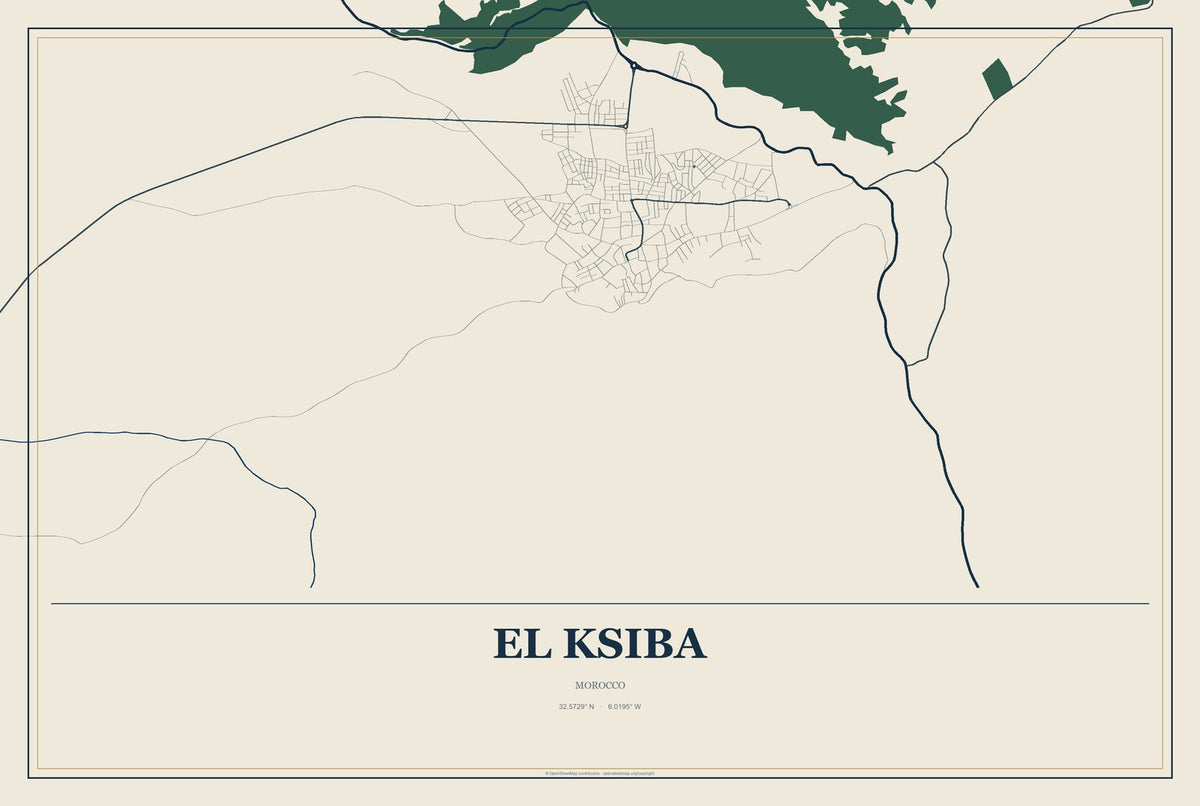 El Ksiba, Morocco City Map Aluminum Sign in Coastal Cutout style