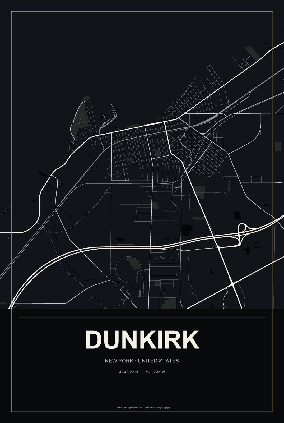 Dunkirk, New York City Map Aluminum Sign in Metropolitan Noir style