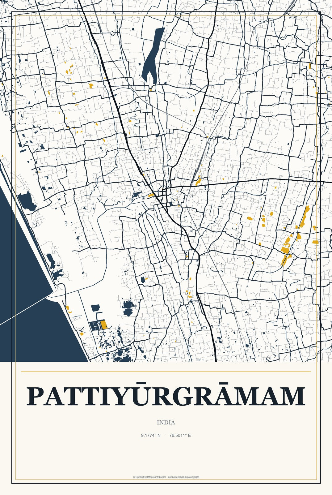 Pattiyūrgrāmam, India City Map Aluminum Sign in Citrine Modern style