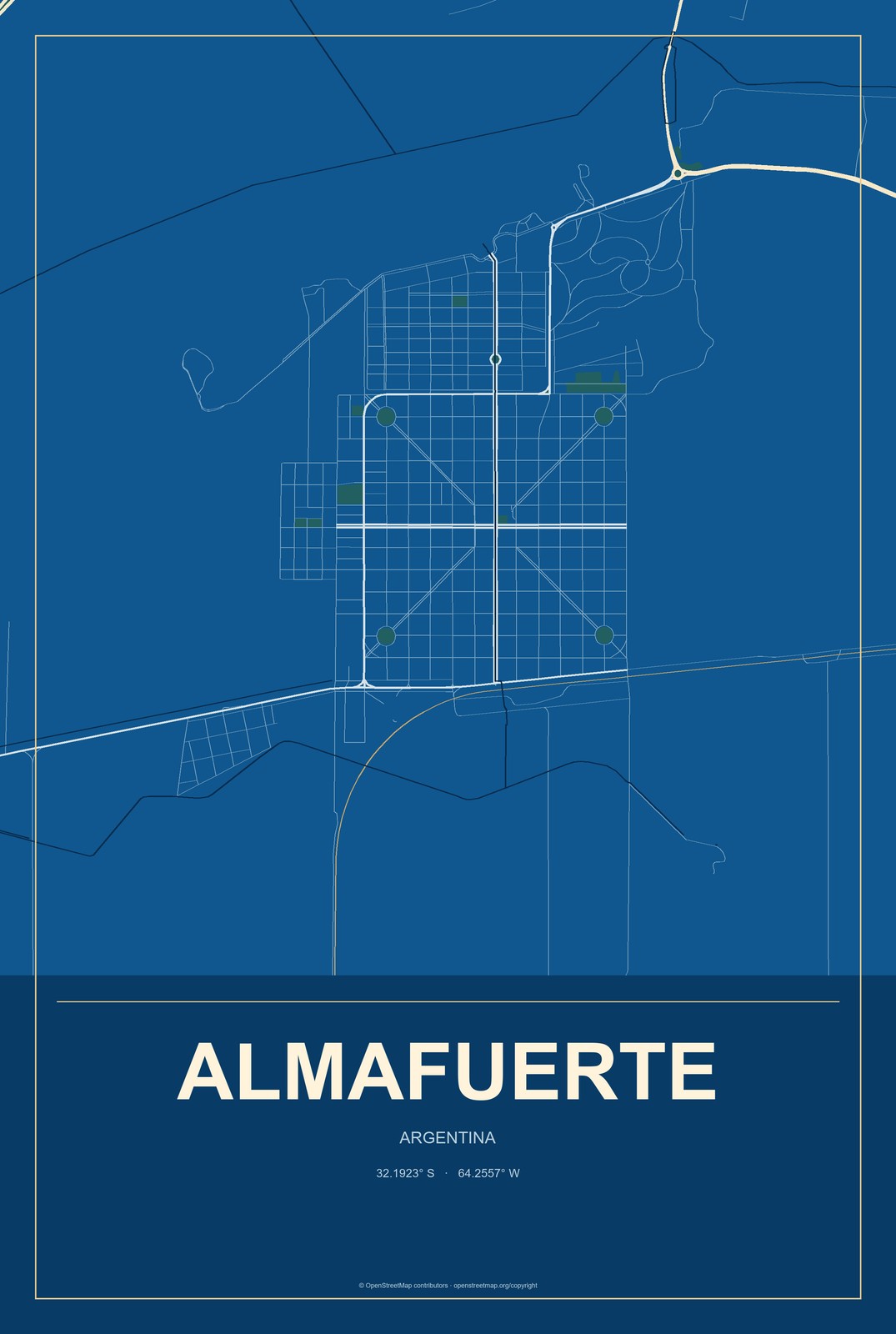 Almafuerte, Argentina City Map Aluminum Sign in Harbor Cobalt style