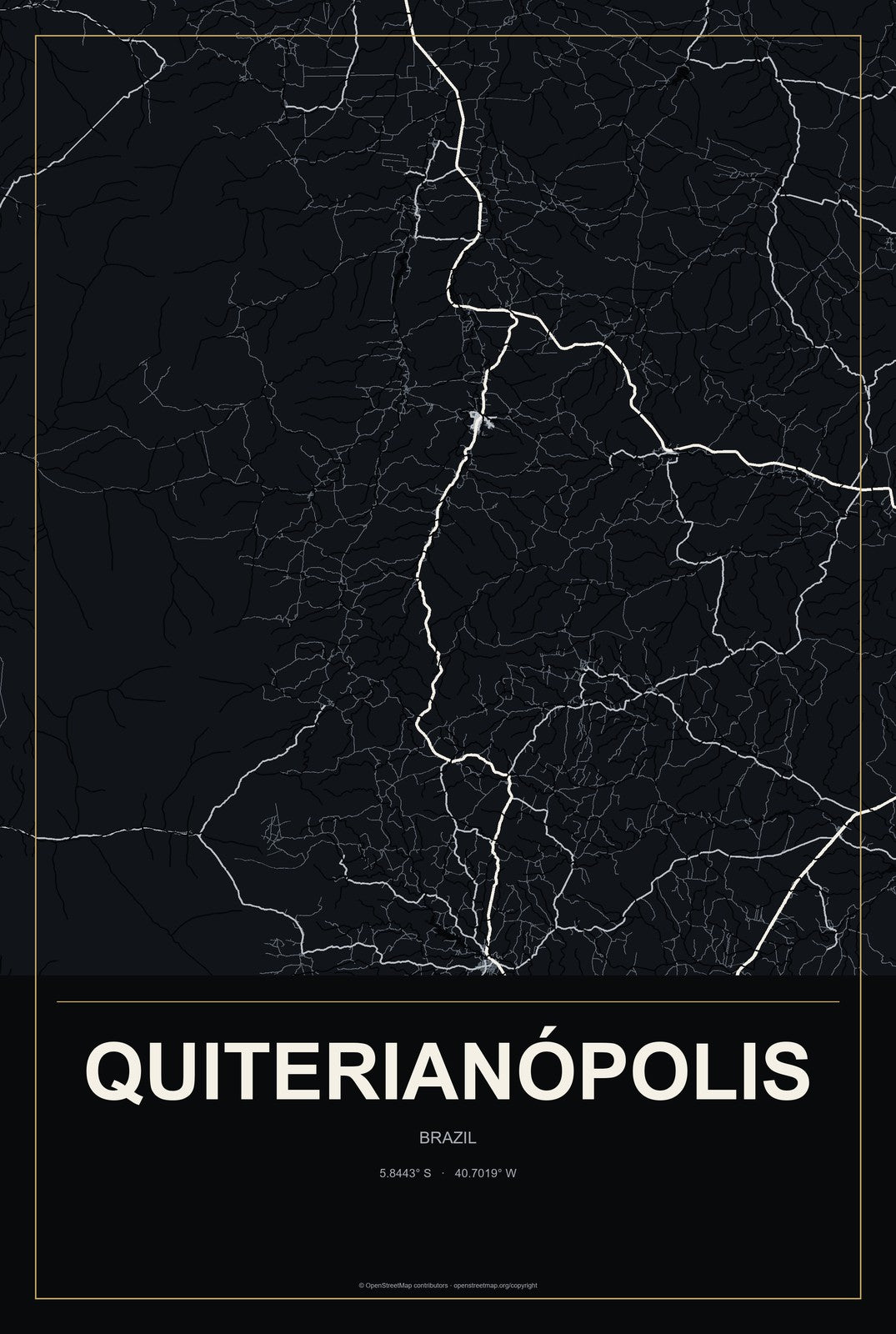 Quiterianópolis, Brazil City Map Aluminum Sign in Metropolitan Noir style