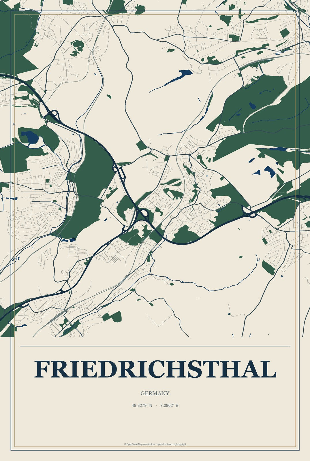 Friedrichsthal, Germany City Map Aluminum Sign in Coastal Cutout style