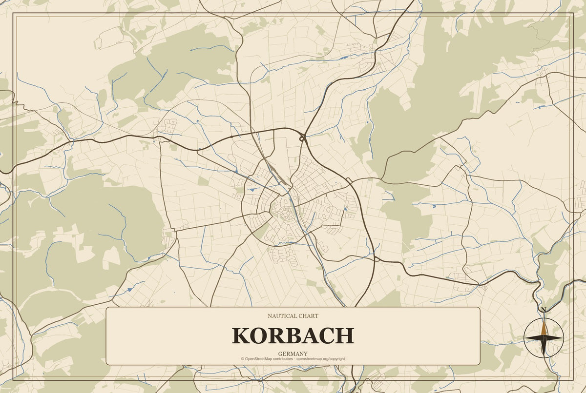 Korbach, Germany City Map Aluminum Sign in Heritage Nautical style
