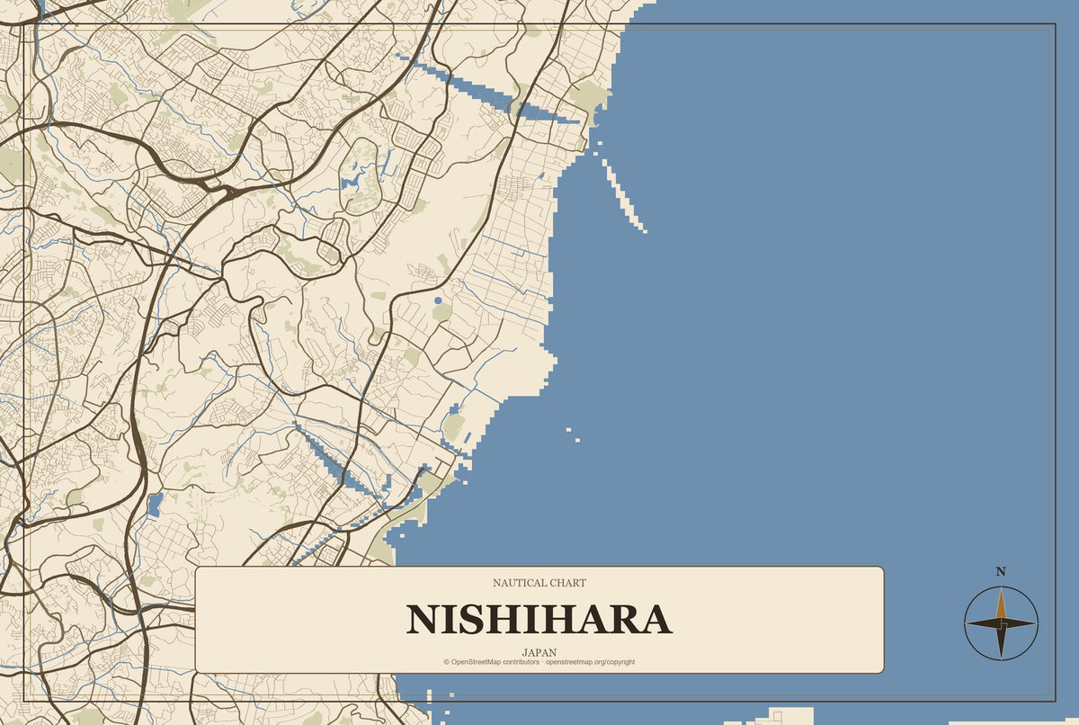 Nishihara, Japan City Map Aluminum Sign in Heritage Nautical style