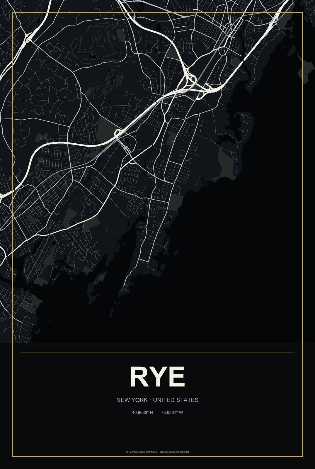 Rye, New York City Map Aluminum Sign in Metropolitan Noir style