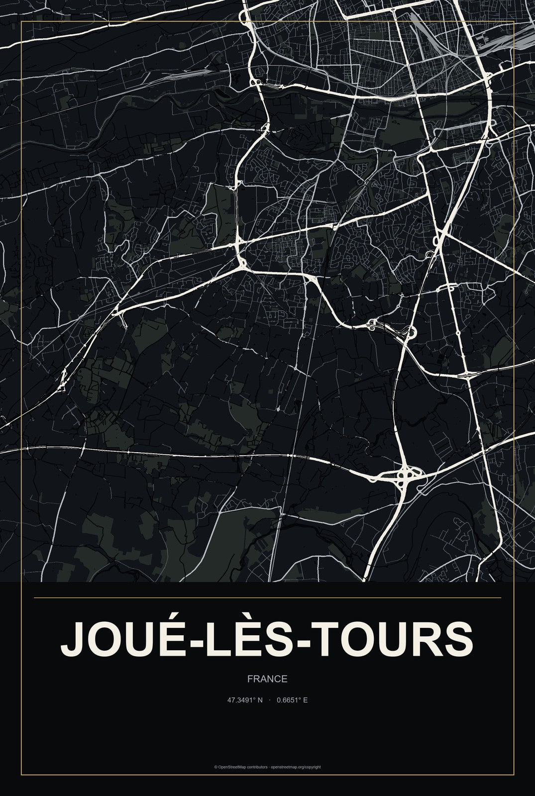 Joué-lès-Tours, France City Map Aluminum Sign in Metropolitan Noir style