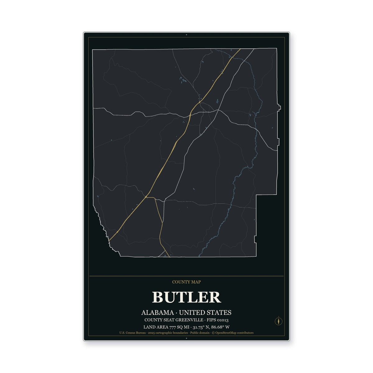 Butler County, Alabama Map Aluminum Sign in Metropolitan Noir style