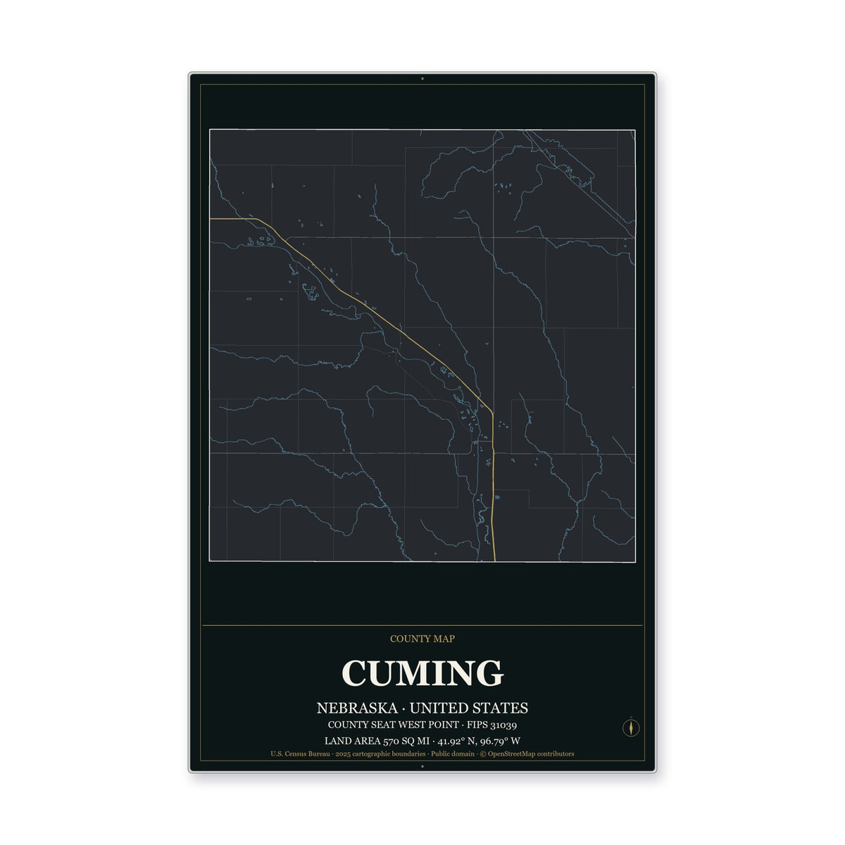 Cuming County, Nebraska Map Aluminum Sign in Metropolitan Noir style