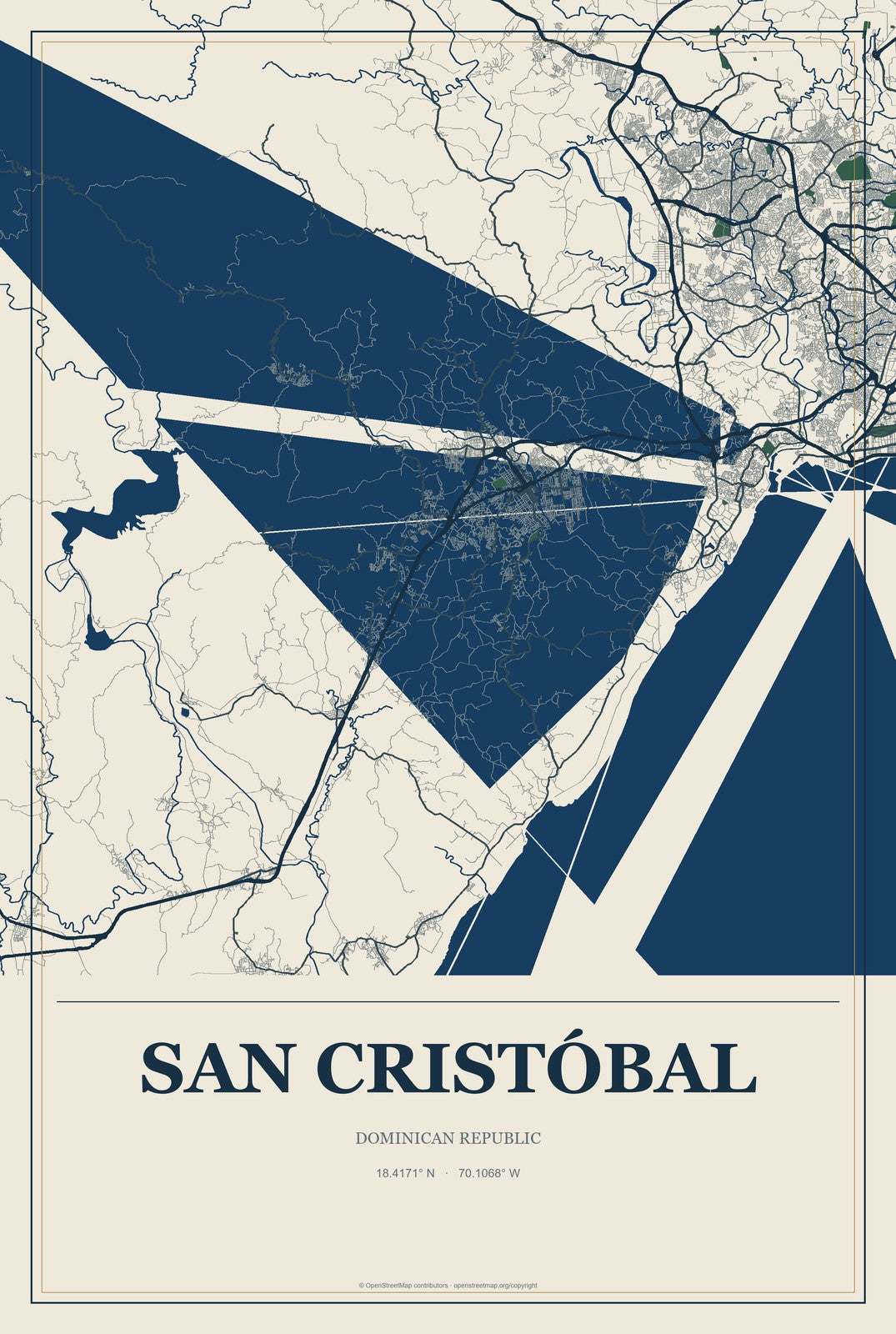 San Cristóbal, Dominican Republic City Map Aluminum Sign in Coastal Cutout style