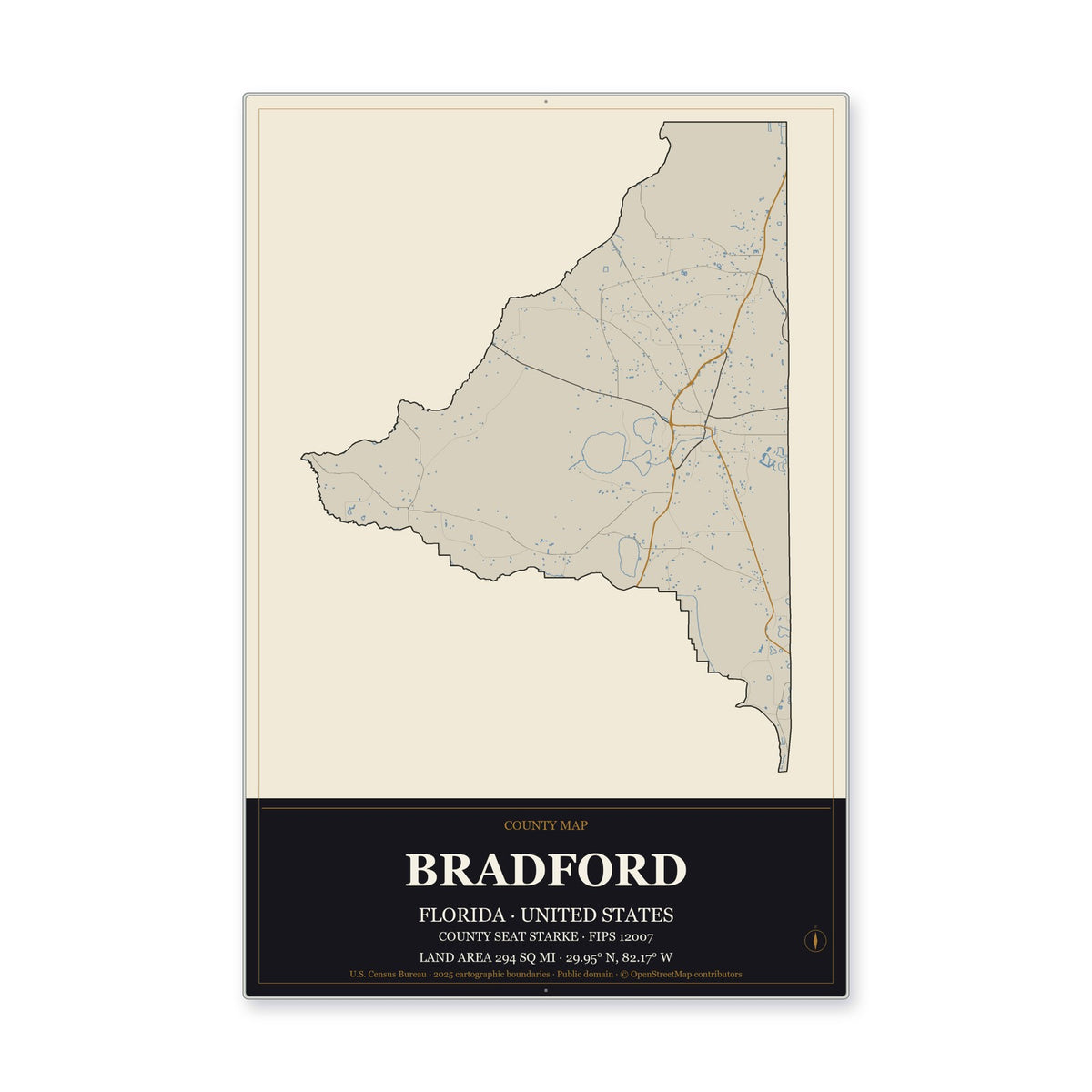 Bradford County, Florida Map Aluminum Sign in Museum Plaque style